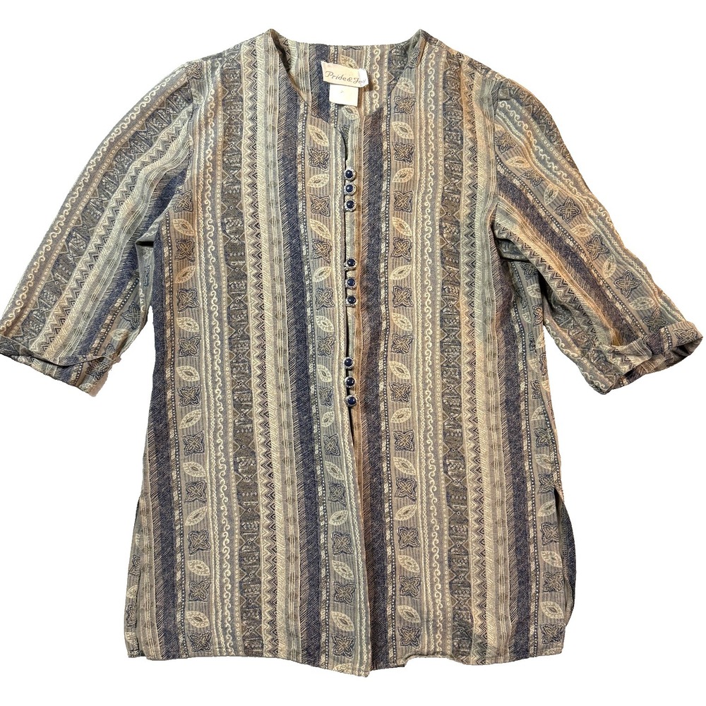 Vintage 80s Pride & Joy Top Womens M Blue Geometric Stripe Boho Accent Button